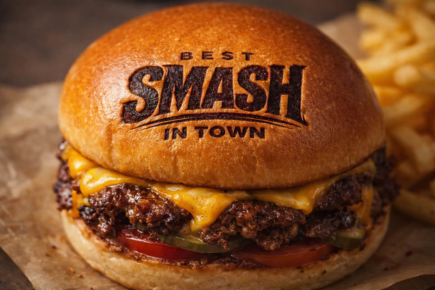 Zoom sur le Smash Burger premium avec logo personnalisé brûlé au fer, stratégie branding food et gaming
