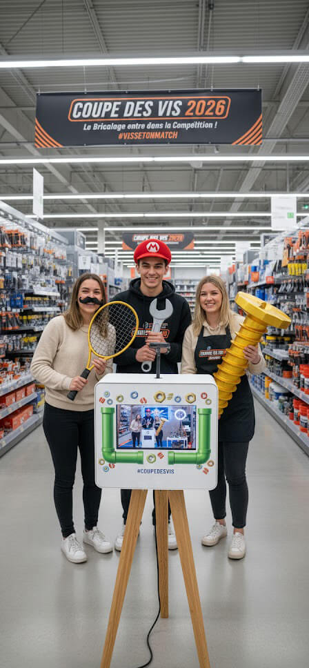 Borne Photobooth interactive pour les clients Weldom durant l'opération Coupe des Vis