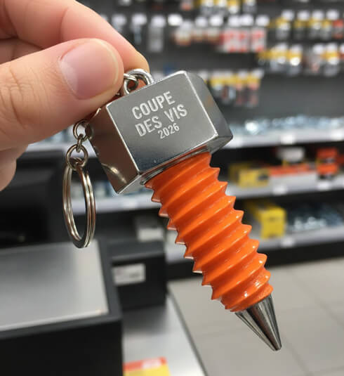 Objet publicitaire sur-mesure : porte-clé en forme de vis orange Weldom