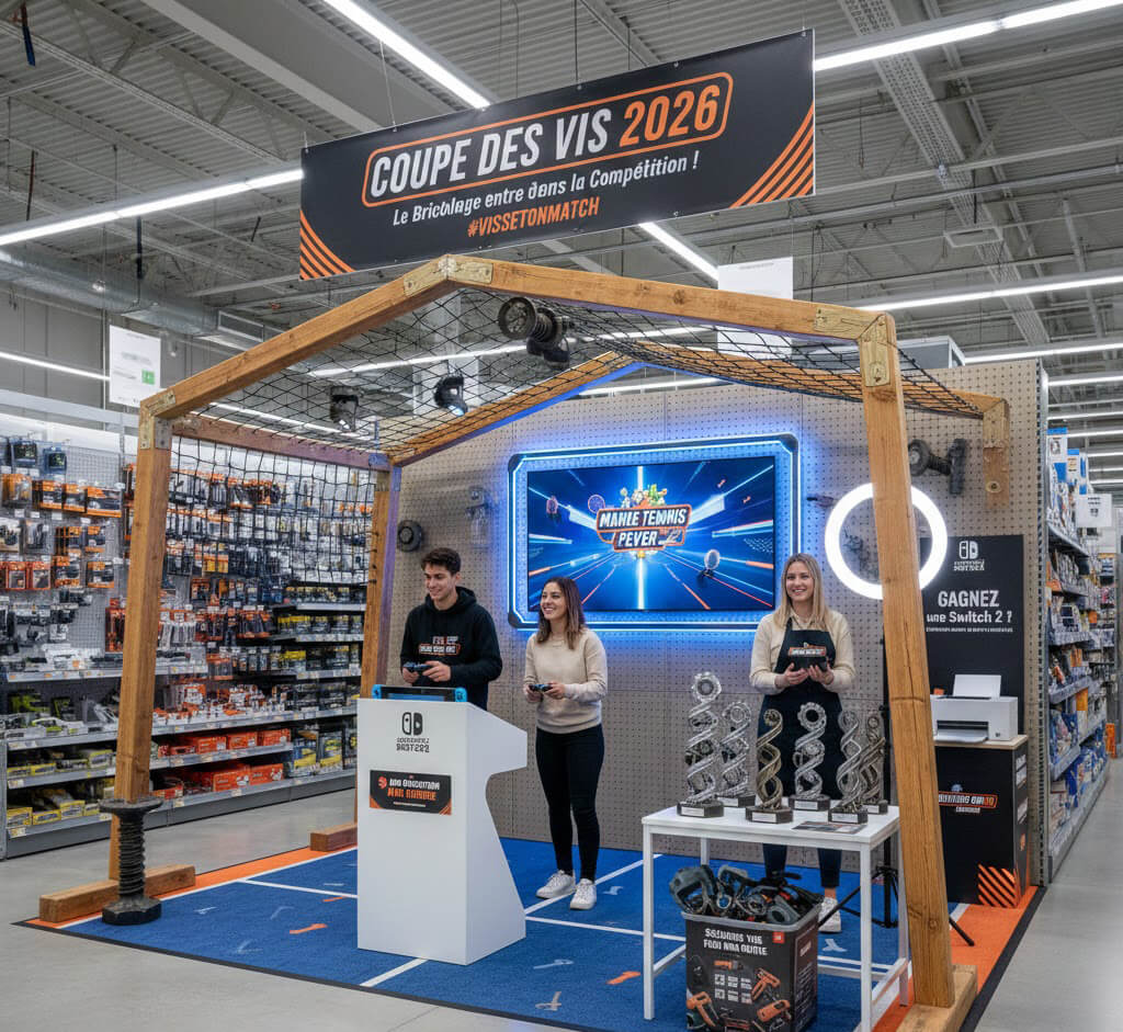 Stand événementiel Coupe des Vis en magasin Weldom avec bornes Nintendo Switch et animateurs