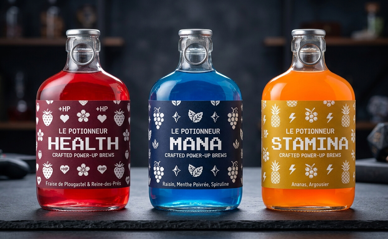 Gamme de potions gaming Le Potionneur : Health, Mana et Stamina en flacons premium