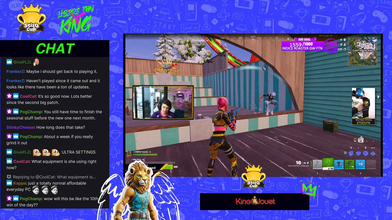 Interface de streaming Twitch de la Stizo Cup x Libère ton King - Engagement communautaire pour King Jouet
